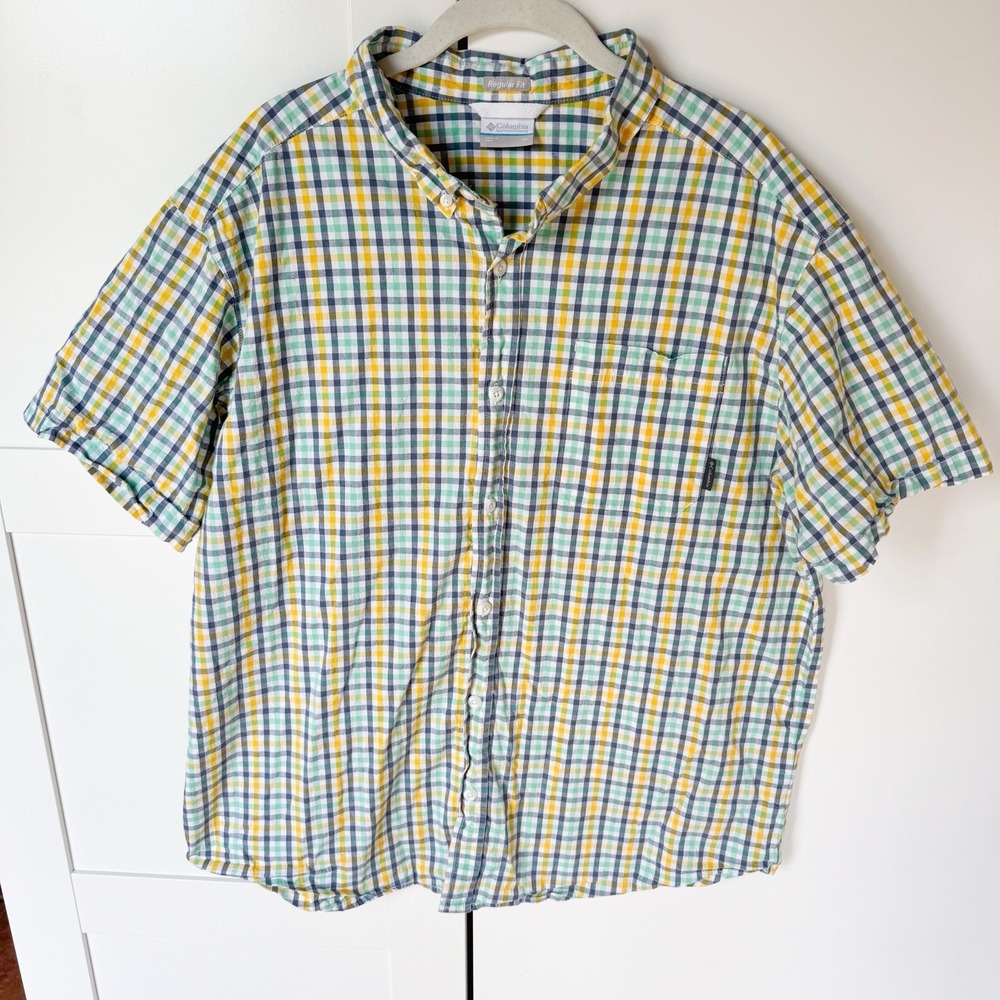 Columbia‎ Men's XL Cotton Lightweight Button Down Gingham Check Green Blue Shirt